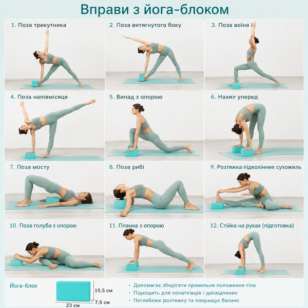 Блок для йоги, йога блок, кубик для фитнеса и растяжки Feel Fit бирюзовый MS-0858-3-OR фото