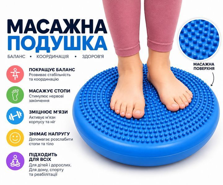 Балансувальна масажна подушка Feel Fit 34 см для фітнесу, йоги та пілатесу, до 120 кг Синя MS 1651-2 фото