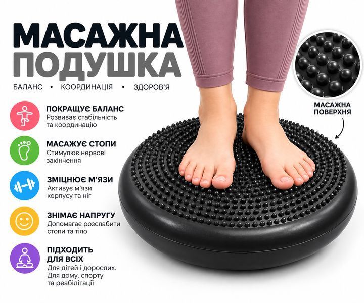 Балансировочная массажная подушка Feel Fit 34 см для фитнеса, йоги и пилатеса, до 120 кг Черный MS 1651-2 фото