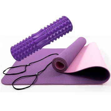 Набір для йоги Килимок двосторонній 183х61 см та рол-масажер Feel Fit 45 см рожевий MS-0613-NB1 фото